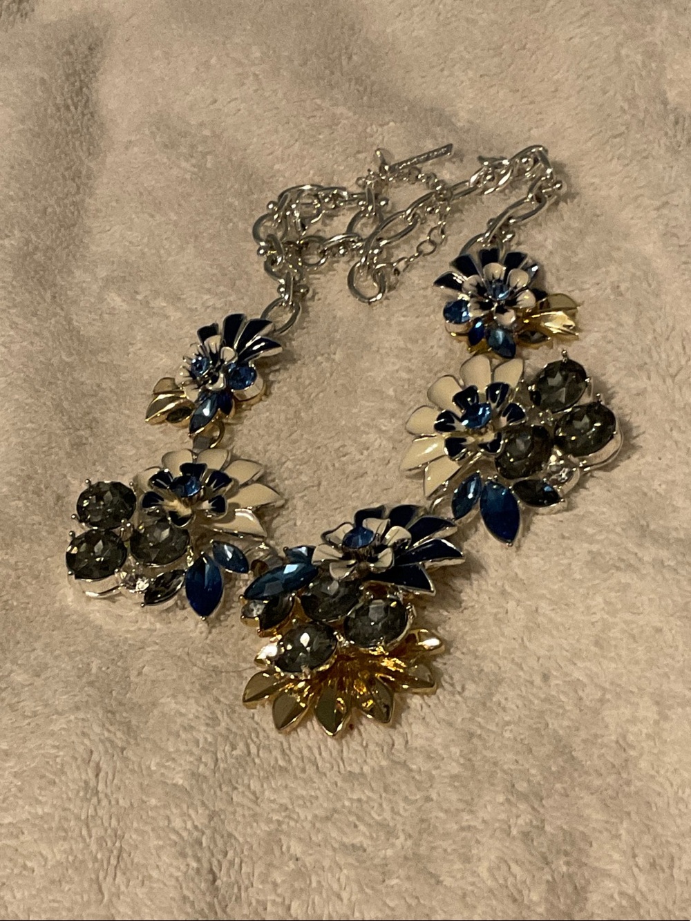 🟠Lands’ End Blue Enamel Floral Statement Necklace Rhinestone Collar EUC